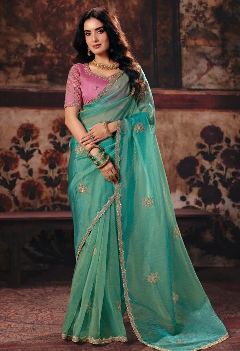 Sea Blue & Pink Designer Style Festive Wear Saree